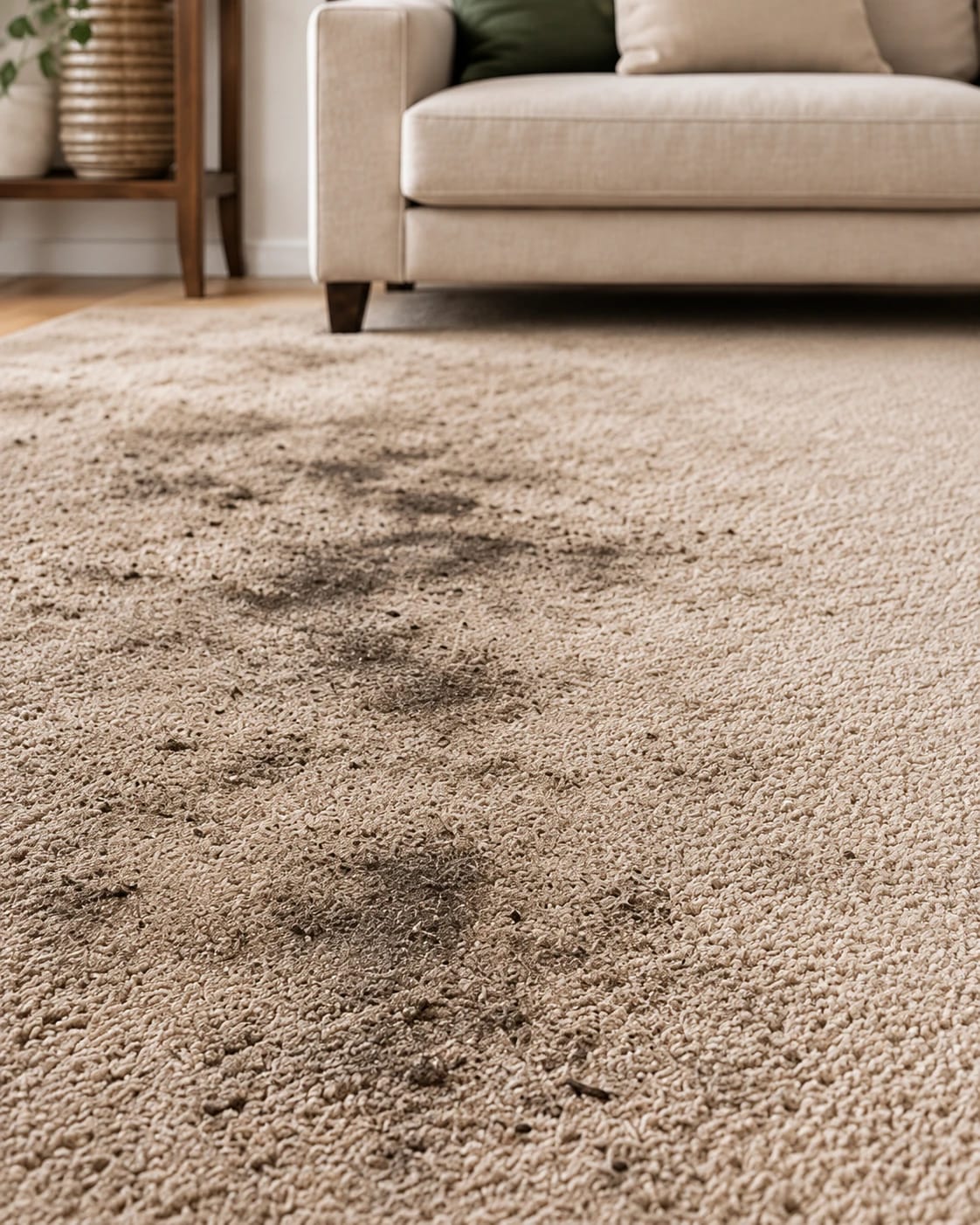 Before — living room carpet with dark soil and traffic stains in front of a sofa