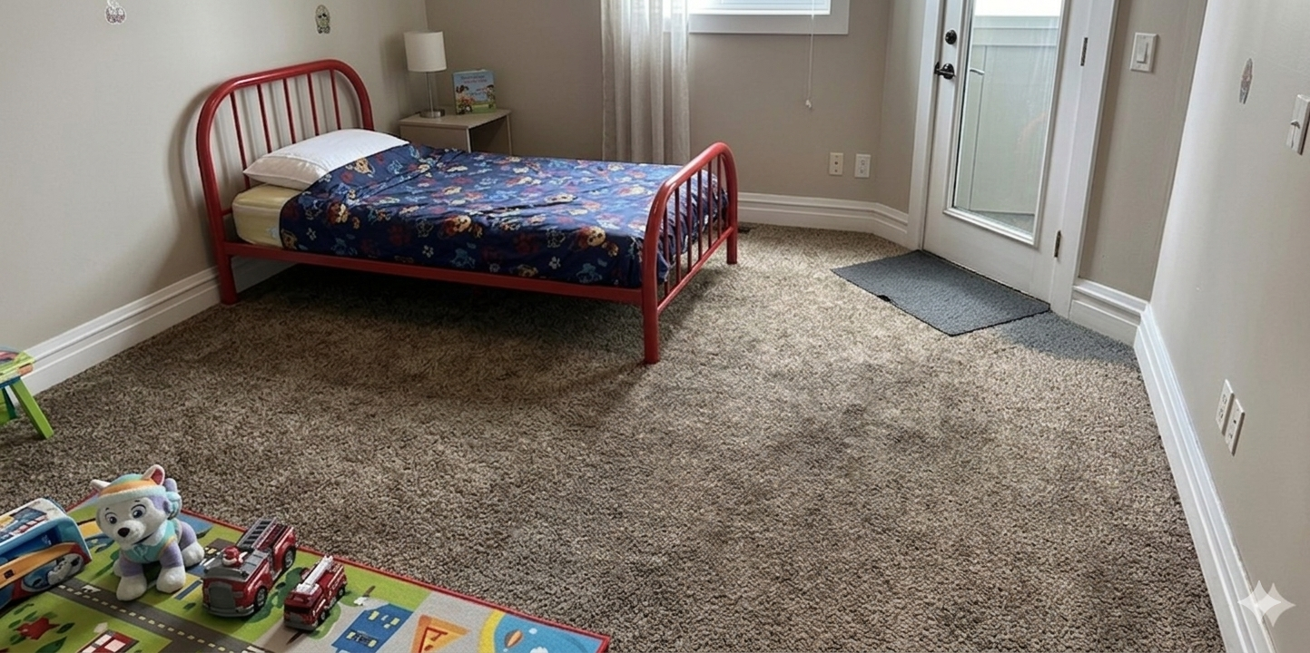 Before — bedroom carpet with dirt patches