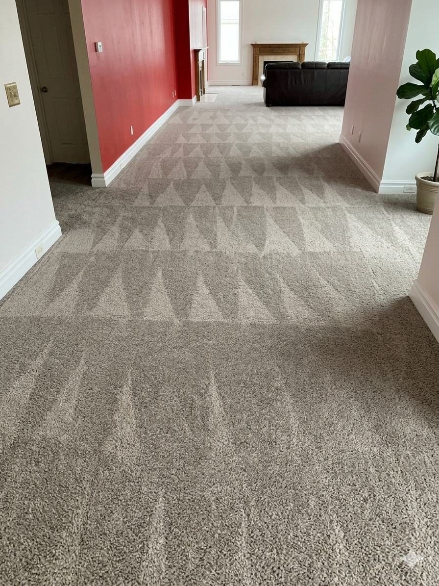 After — hallway carpet with clean triangle vacuum pattern