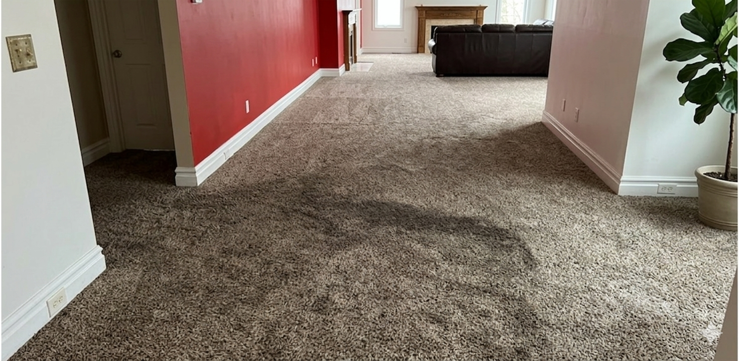 Before — hallway carpet soiled with dark stains
