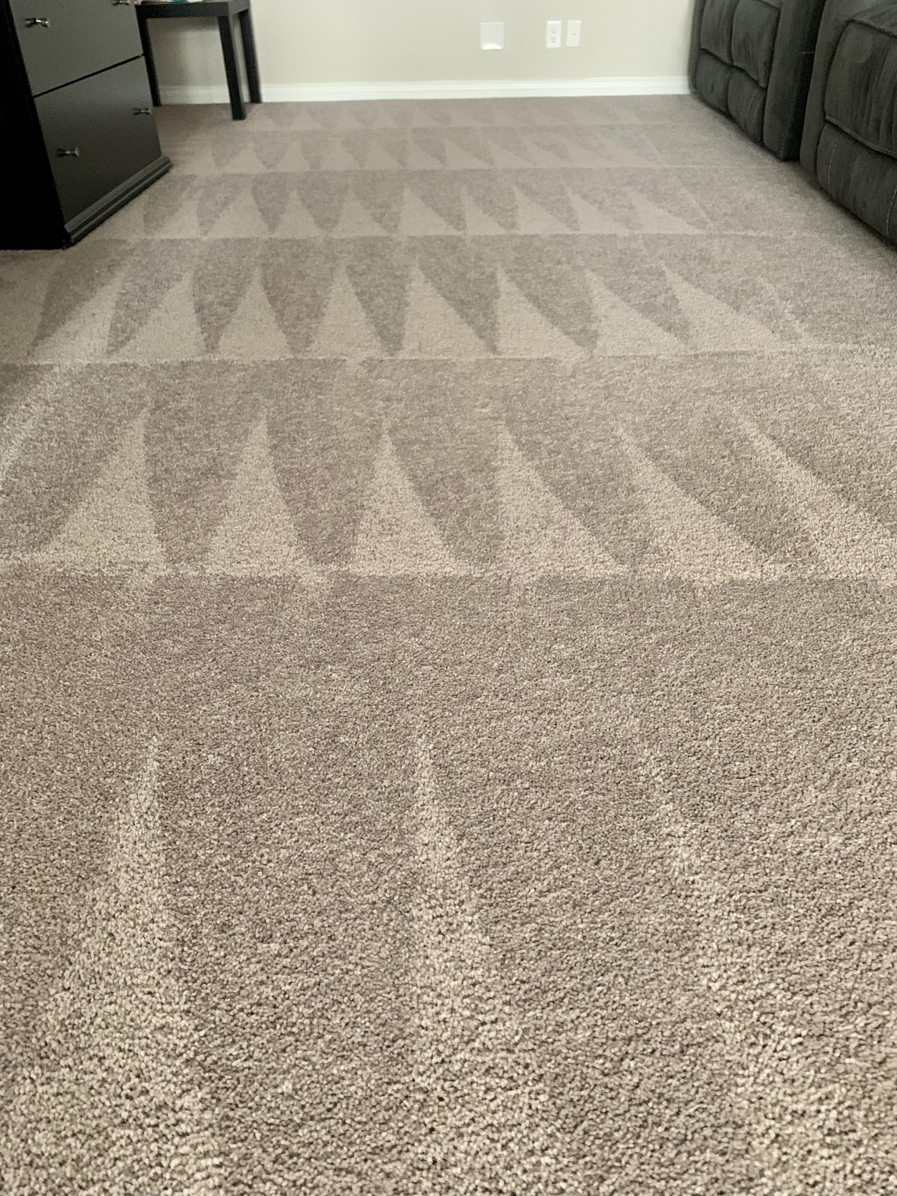 Carpet after hot-water extraction cleaning, clean vacuum pattern in triangles