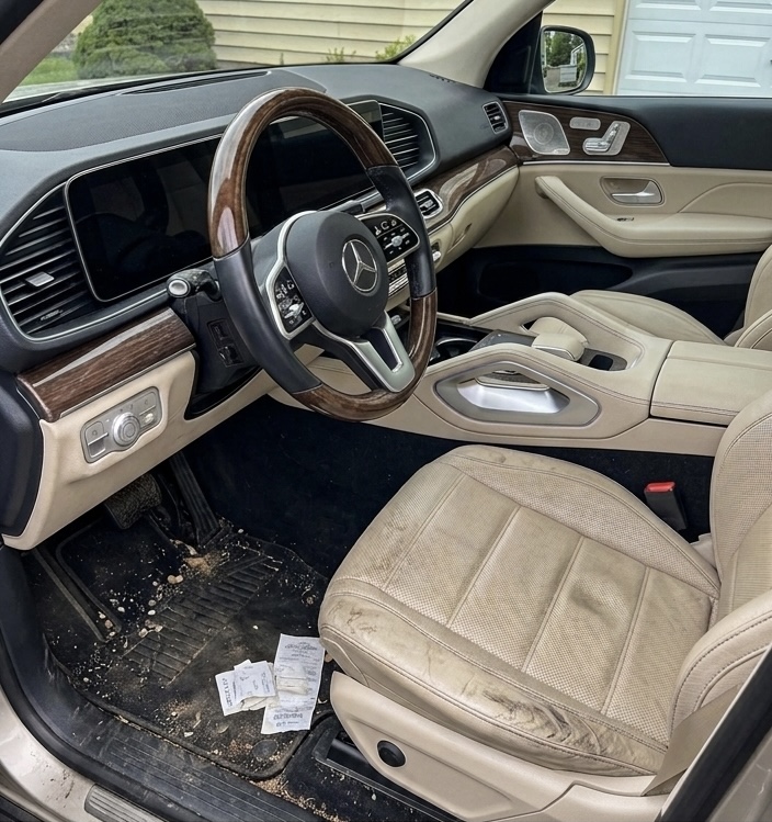 Before interior — dirty leather and mats