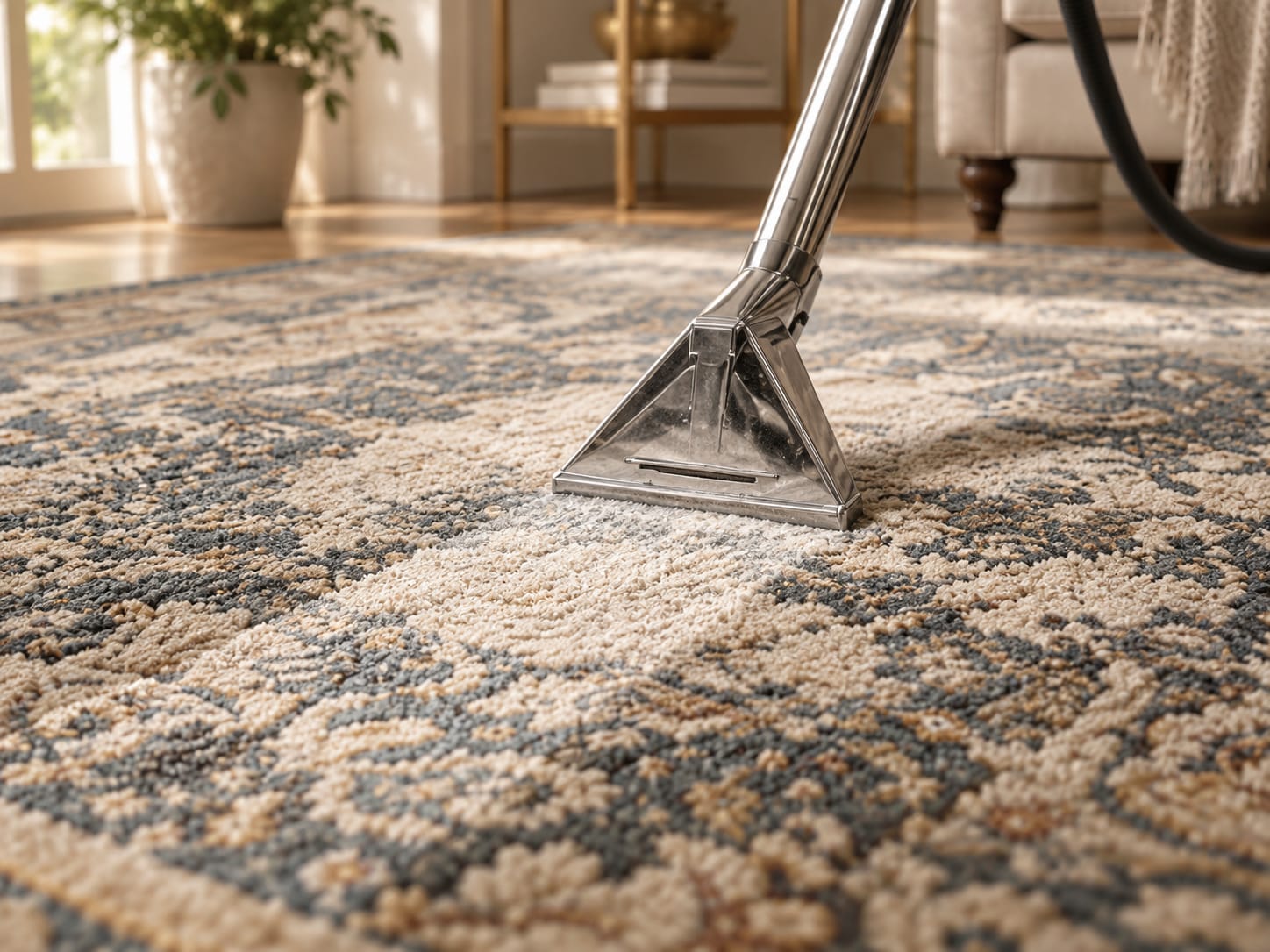 Extraction wand cleaning a patterned blue and cream area rug