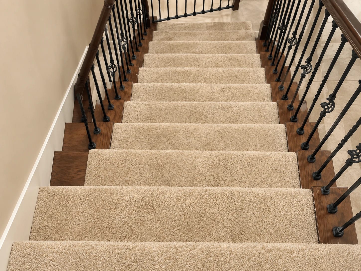 After — carpeted staircase cleaned to an even, uniform finish